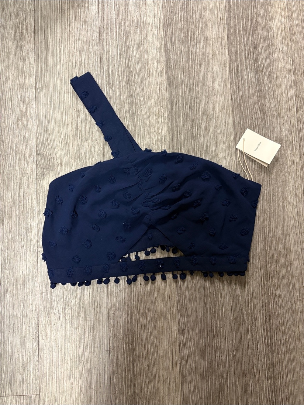 Tularosa Navy One-Shoulder Pom-Pom Crop Top
